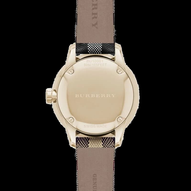 Cadran Burberry BU10001 blanc épuré aux index bâtons noirs, aiguilles dauphine, date à 3h