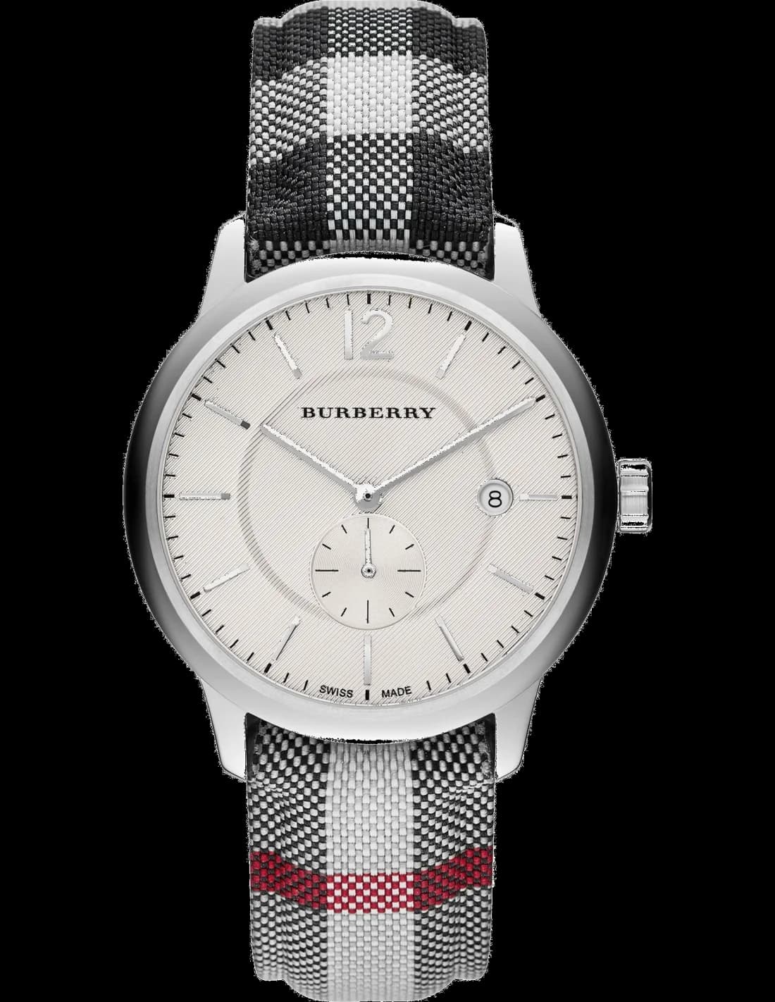 Montre Burberry BU10002 au cadran noir texturé et aiguilles dorées, style classique chic