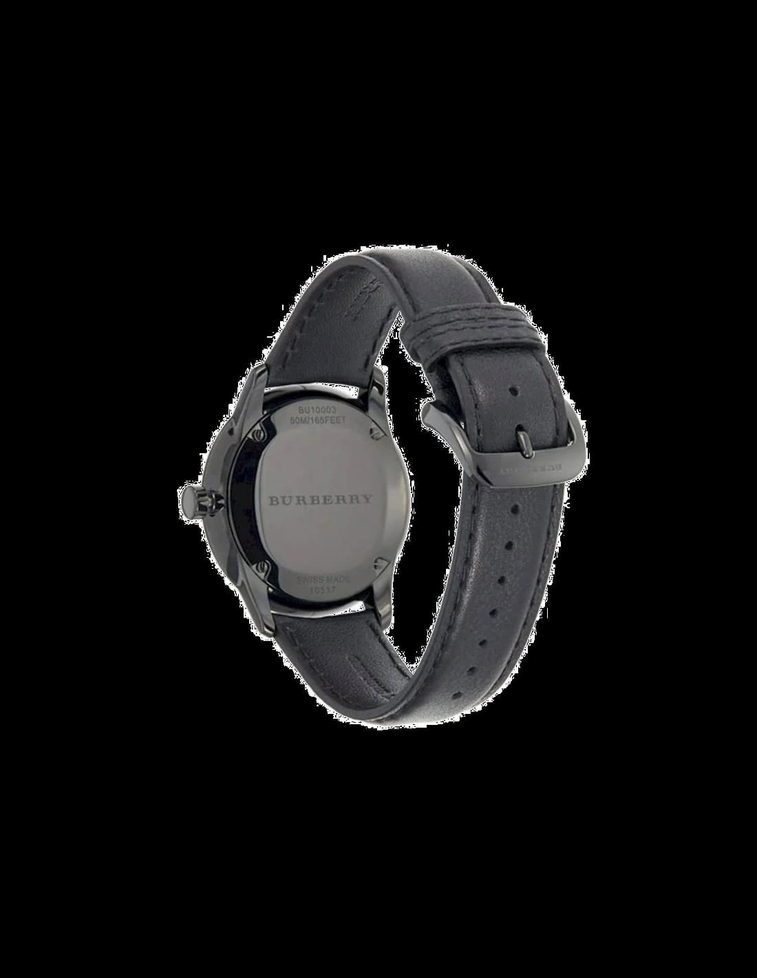 Bracelet Burberry BU10003 en cuir noir grainé, coutures contrastées et boucle ardillon en acier