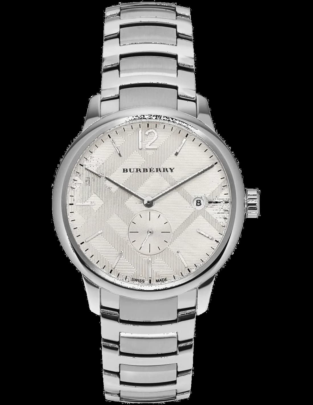 Montre Burberry BU10004 au cadran blanc argenté, index bâtons, aiguilles dauphine, style classique chic