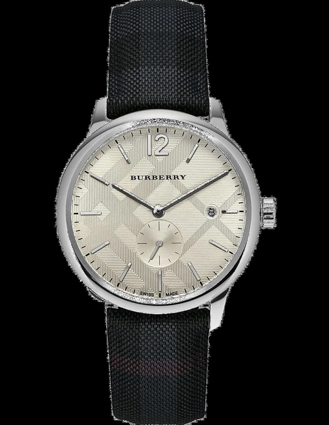 Montre Burberry BU10008 au cadran noir soleillé, index bâtons argentés et aiguilles luminescentes, style chic et moderne