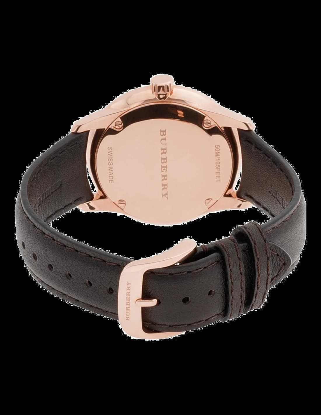 Cadran Burberry BU10012 avec index bâtons argentés et aiguilles dauphine, date à 3h, lisibilité parfaite