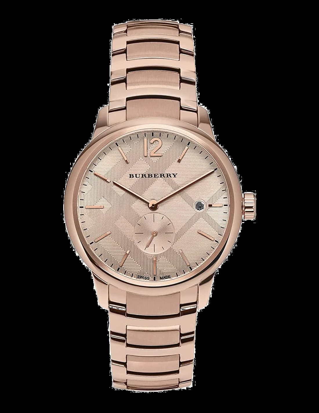 Montre Burberry BU10013 cadran gris soleillé avec index bâtons et logo signature, boîtier acier or rose élégant