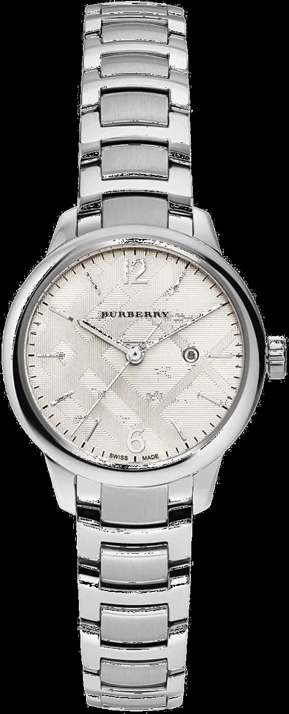 Montre Burberry BU10108 avec cadran blanc, index bâtons et aiguilles argentées, style classique élégant