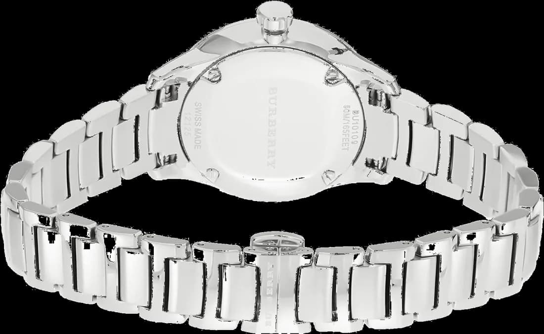 Cadran Burberry BU10108 blanc épuré, index appliqués et aiguilles dauphine, date à 3h, mouvement Swiss Made