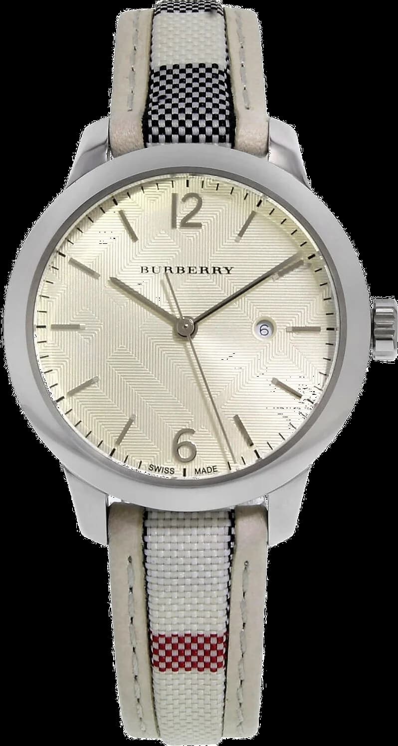 Montre Burberry BU10113 au cadran argenté avec index dorés et aiguilles bâton, style classique et élégant