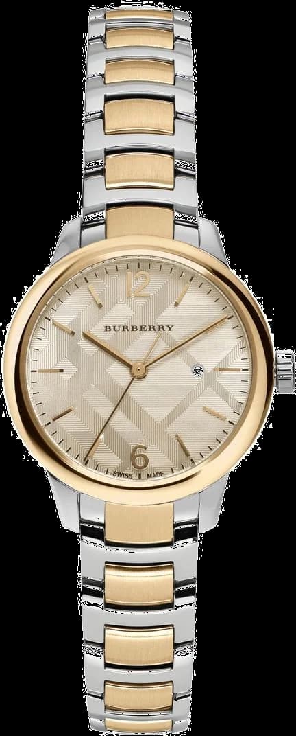 Montre Burberry BU10118 avec cadran blanc et index dorés sur fond argenté, style classique et élégant