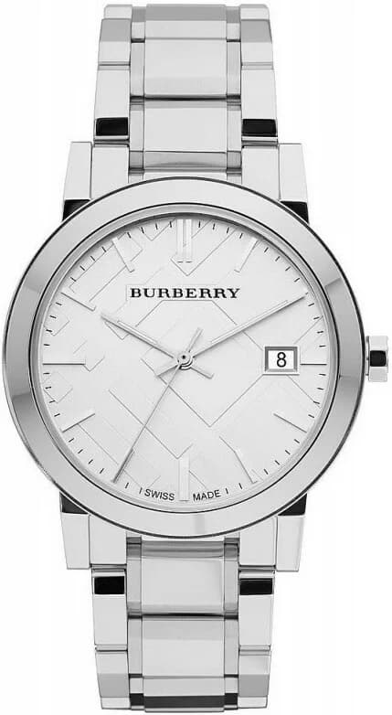 Montre Burberry BU9000 avec cadran noir et aiguilles dorées sur fond argenté