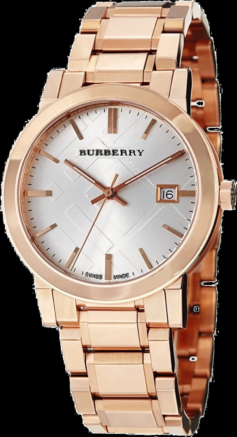 Montre Burberry BU9004 au cadran gris gravé motif signature, acier rose gold et finition élégante