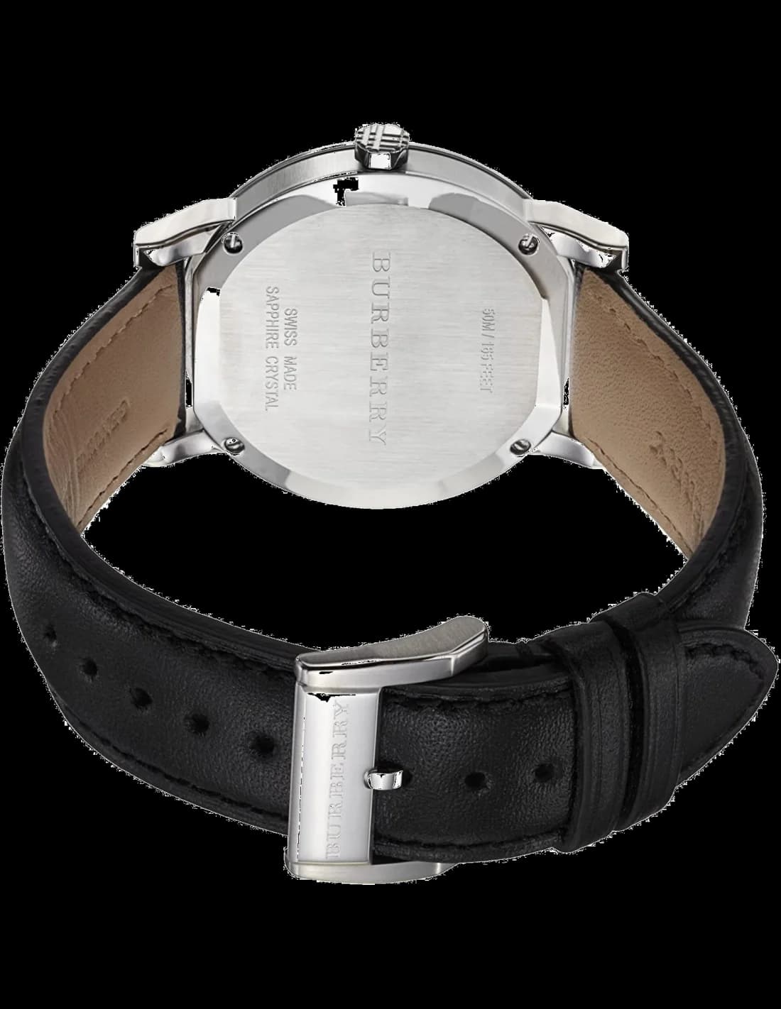 Cadran Burberry BU9009 avec index bâtons argentés et date à 3h, lisibilité parfaite