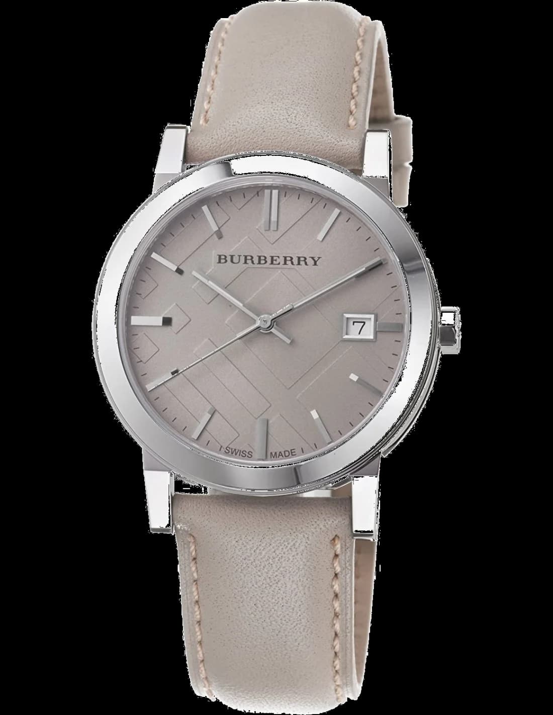 Montre Burberry BU9010 au cadran beige texturé avec aiguilles dorées, style élégant et intemporel