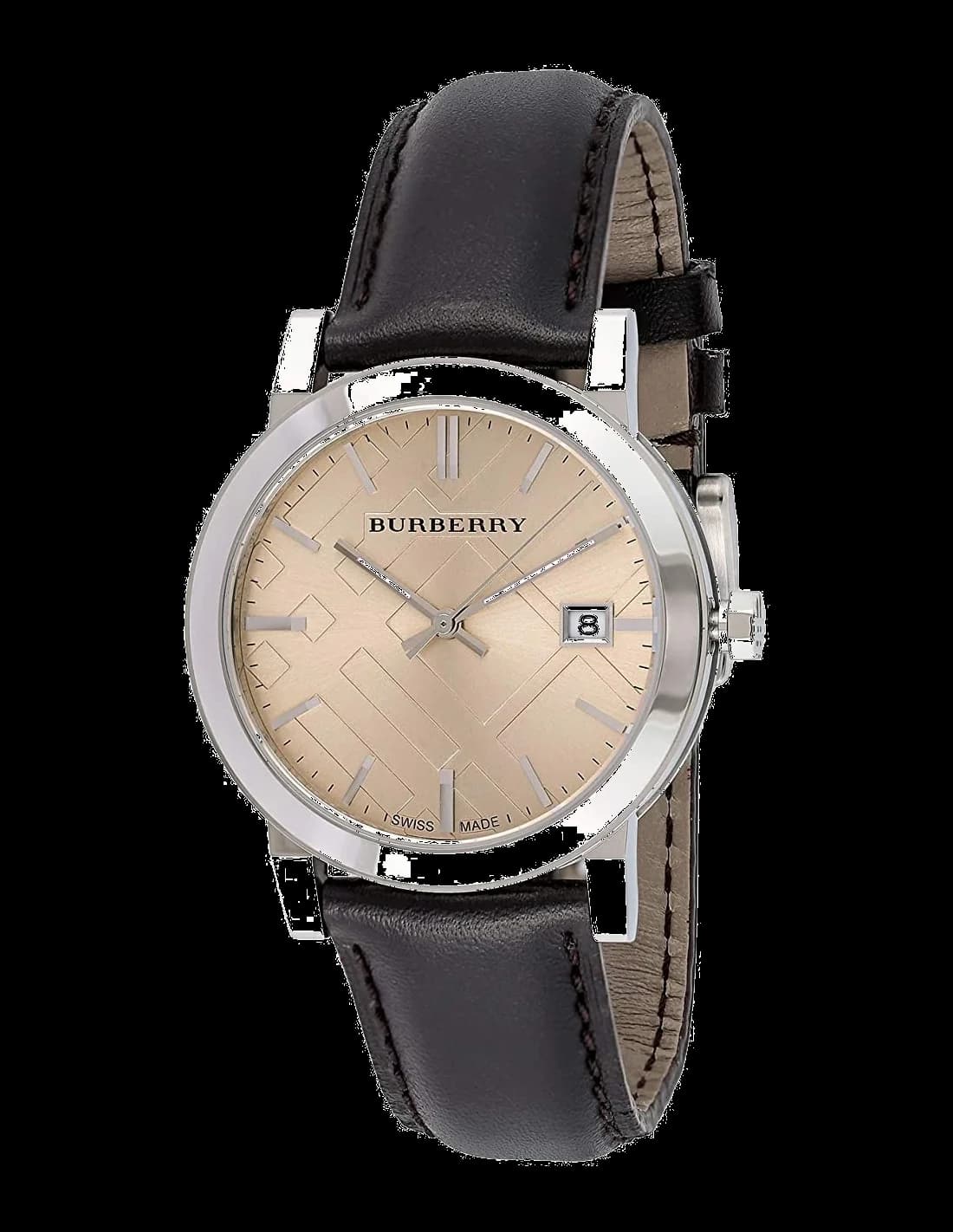 Montre Burberry BU9011 avec cadran argenté orné de motifs gravés emblématiques, aiguilles bleues et index bâtons, style classique
