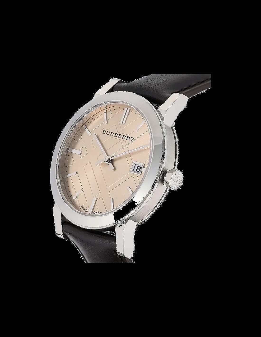 Cadran Burberry BU9011 au fini argenté satiné, motifs gravés signature, aiguilles bleu acier, index appliqués et guichet date à 3h