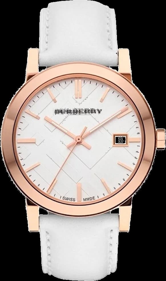 Montre Burberry BU9012 au cadran blanc argenté, aiguilles bâton et index appliqués, style élégant classique