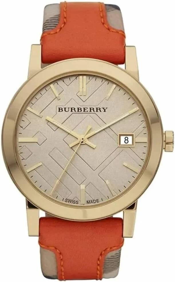 Montre Burberry BU9016 au cadran blanc et orange, motif check emblématique, style chic et moderne
