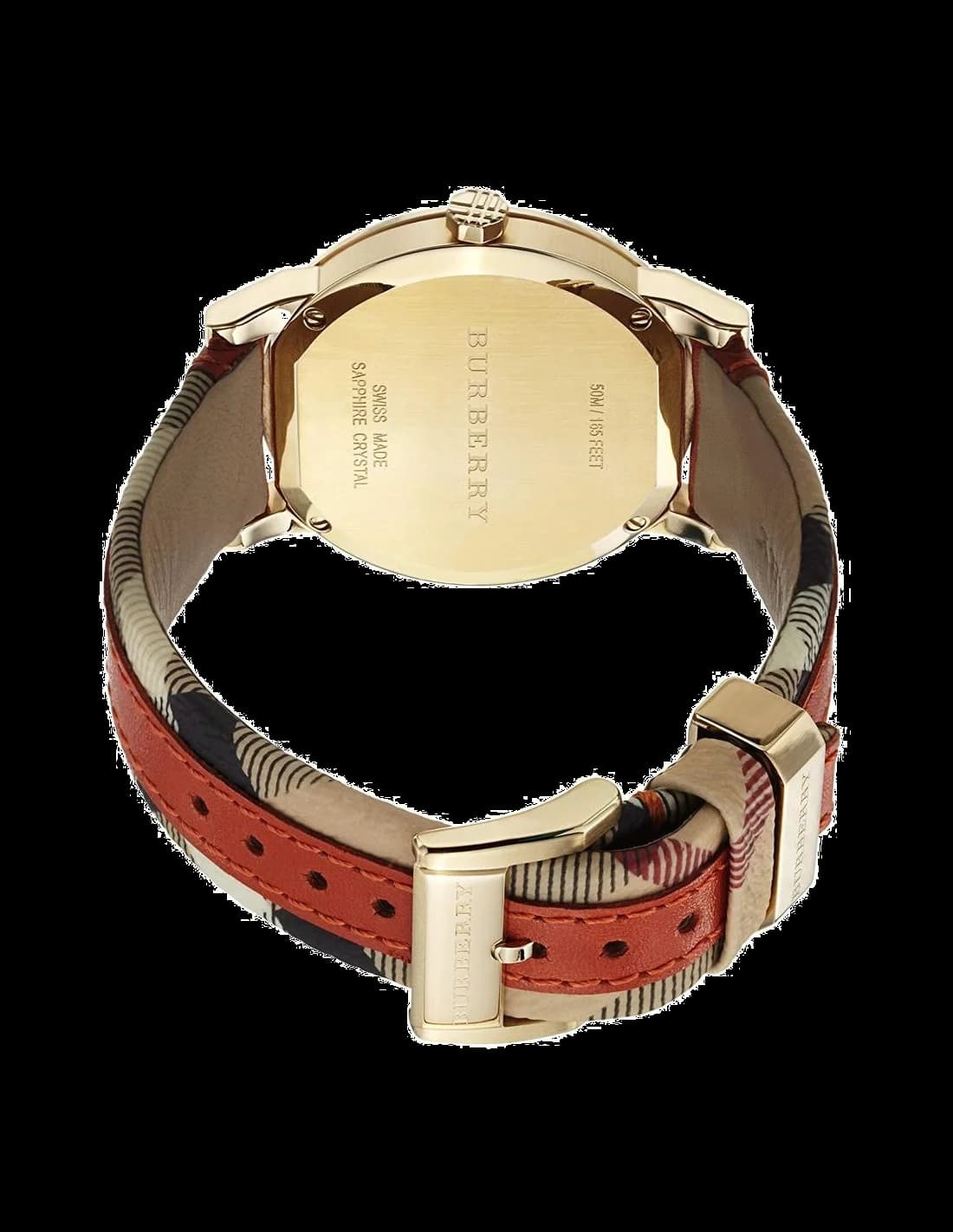 Cadran Burberry BU9016 avec index bâtons argentés, aiguilles dauphine, date à 3h, motif check central