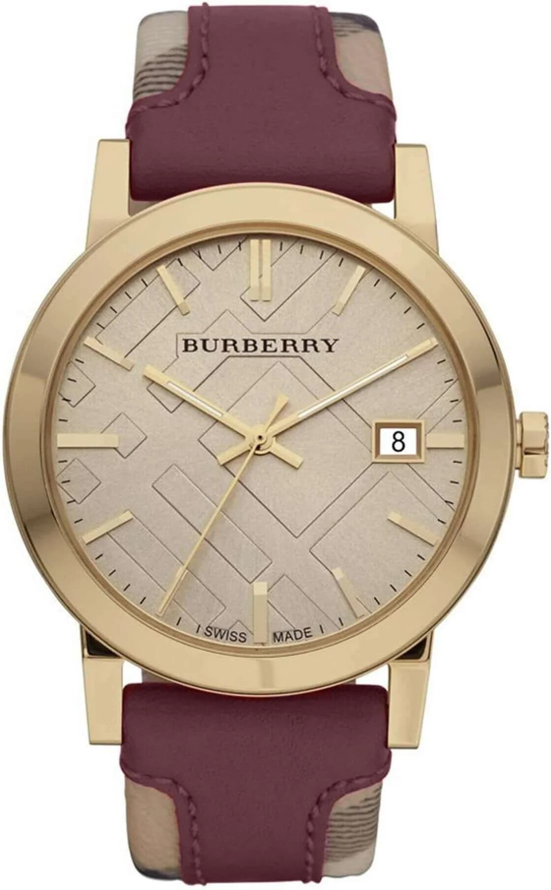 Montre Burberry BU9017 au cadran blanc et motif Nova Check, boîtier acier et bracelet cuir bordeaux
