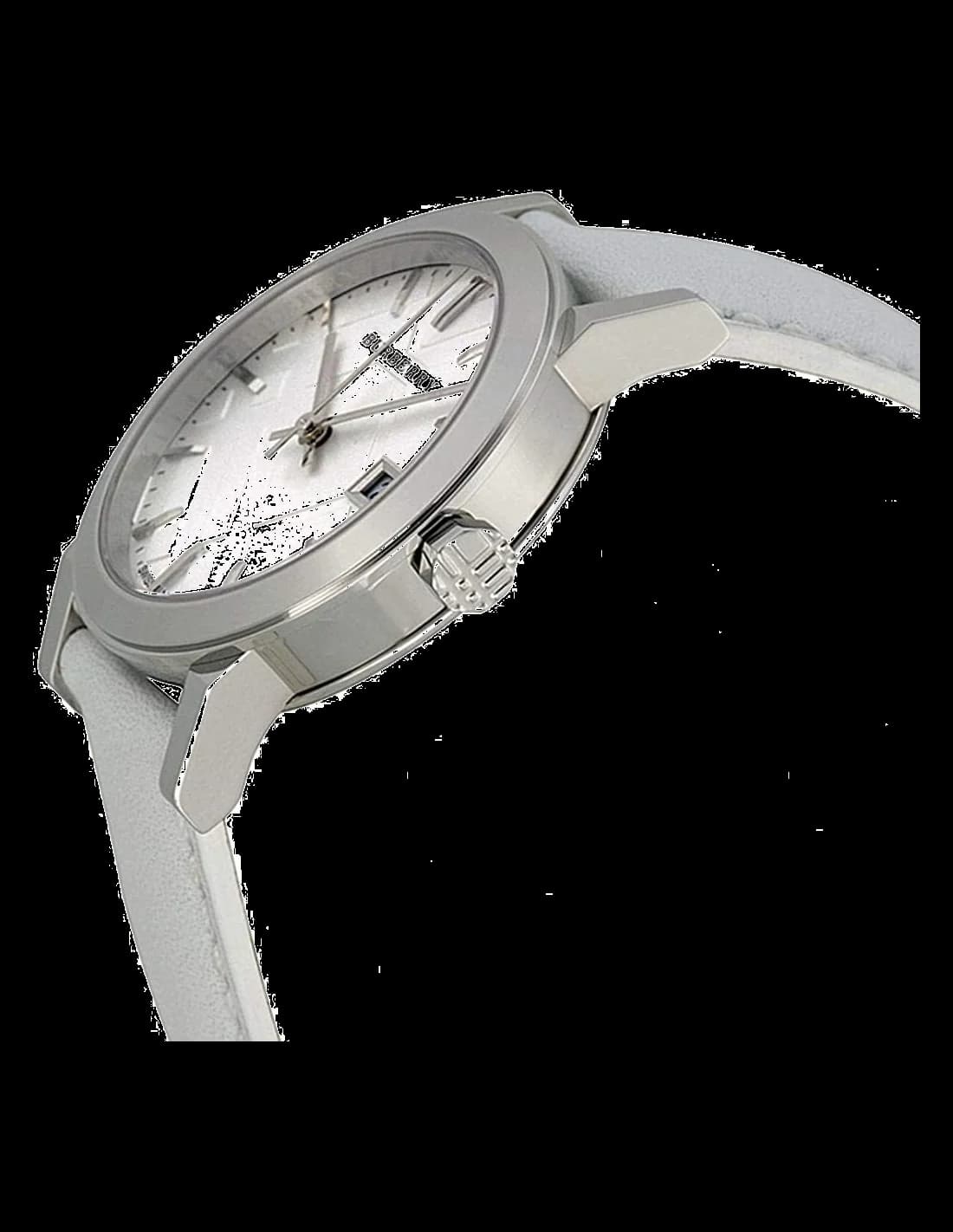 Bracelet Burberry BU9019 en cuir blanc cousu, boucle ardillon, contraste élégant avec le cadran