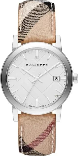 Montre Burberry BU9025 au cadran argenté guilloché, aiguilles bâton et index appliqués, style classique chic
