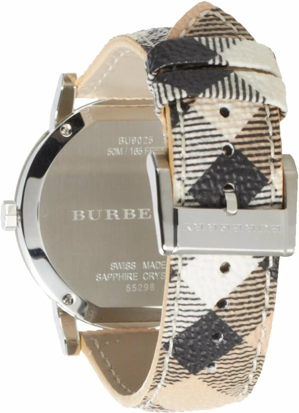 Cadran Burberry BU9025 avec motif monogramme, index bâton et aiguilles argentées, date à 3h, design élégant