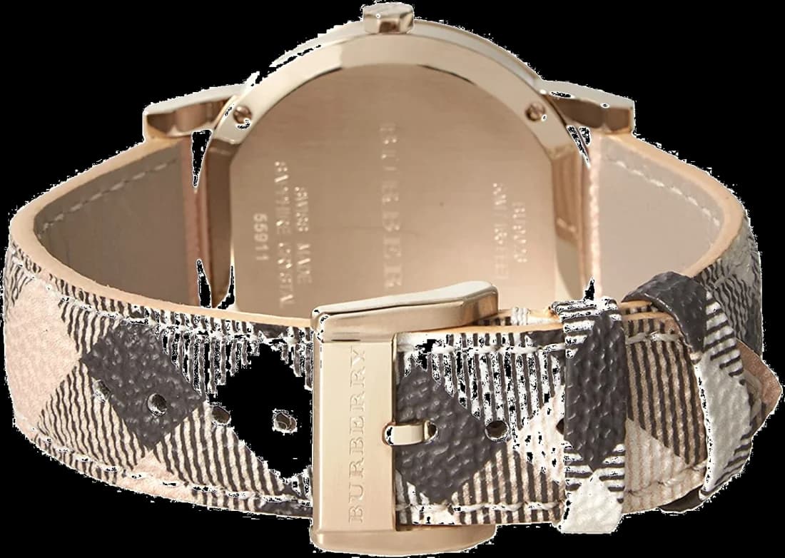 Boîtier Burberry BU9026 en acier inoxydable poli, lunette lisse, vue de profil fine et moderne