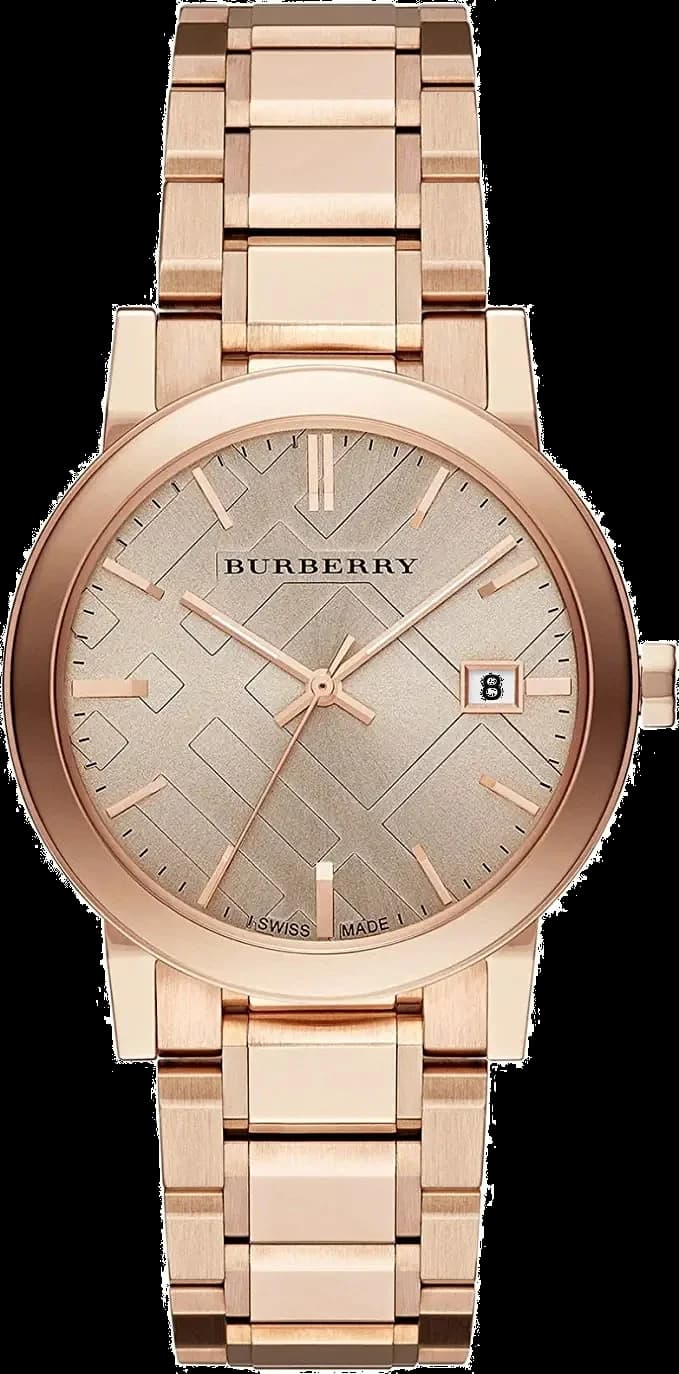 Montre Burberry BU9034 avec cadran blanc et boîtier en acier doré or rose, style élégant et raffiné