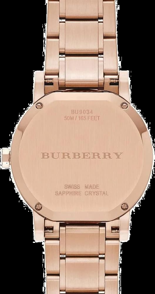 Bracelet Burberry BU9034 en acier doré or rose maillé, fermoir déployante, finition brillante