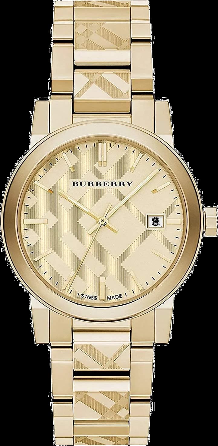 Montre Burberry BU9038 au cadran motif check emblématique sur fond argenté et boîtier acier doré, style chic et intemporel