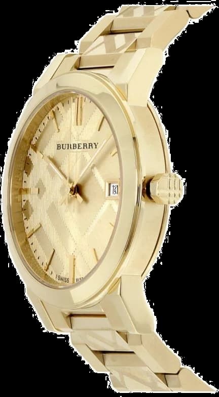 Cadran Burberry BU9038 avec motif check signature, index bâtons dorés et aiguilles fines, date à 3h pour une élégance discrète