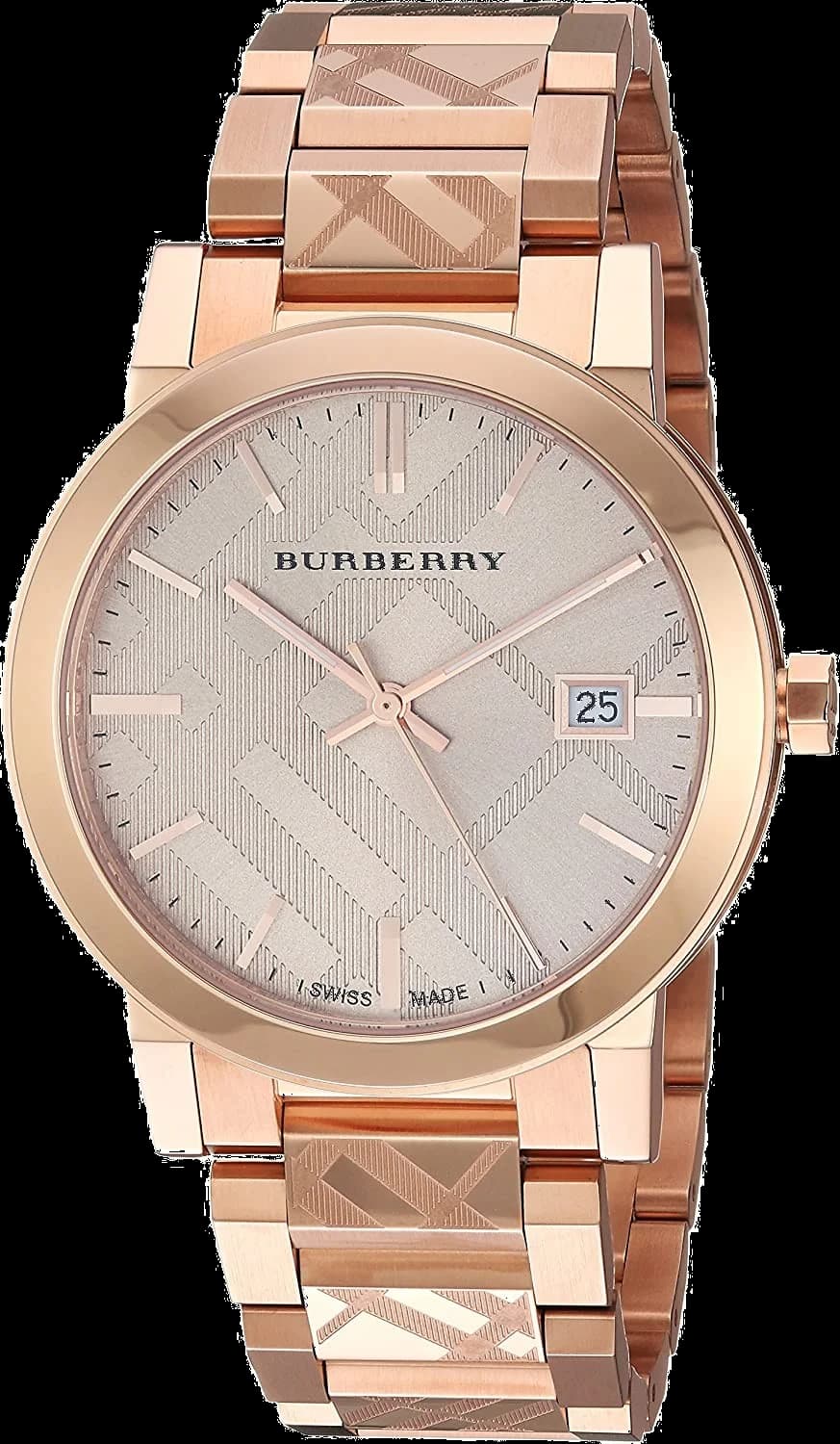 Montre Burberry BU9039 avec cadran blanc, index dorés et aiguilles bâton sur fond soleil, style chic et intemporel