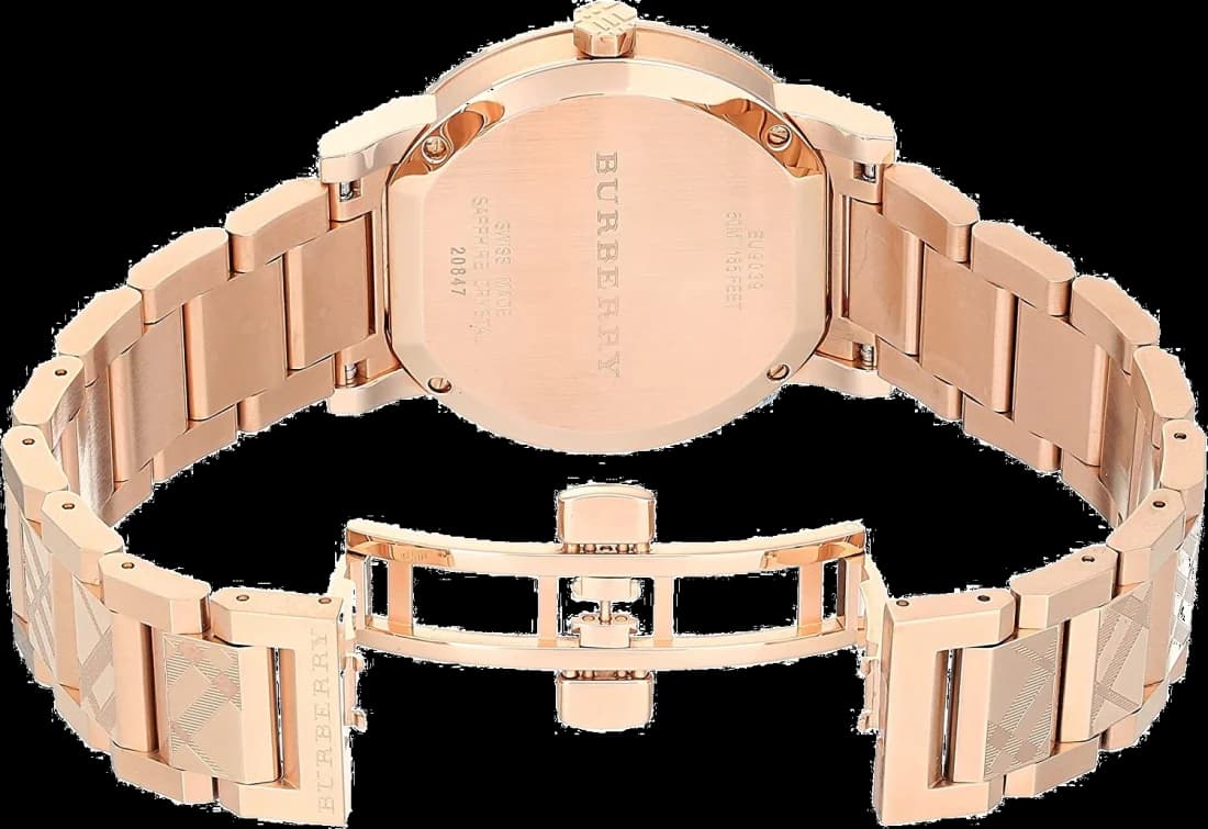 Cadran Burberry BU9039 affiche index appliqués dorés, aiguilles dauphine, date à 3h et logo Burberry, sobriété élégante