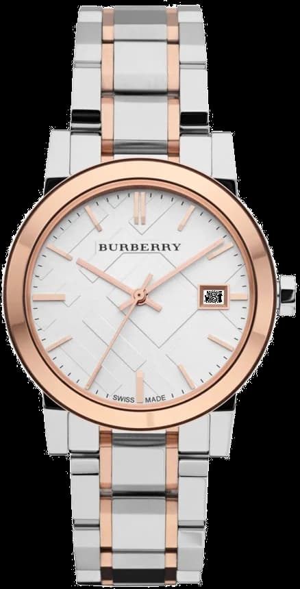 Montre Burberry BU9105 avec cadran argenté et index dorés, style chic et moderne