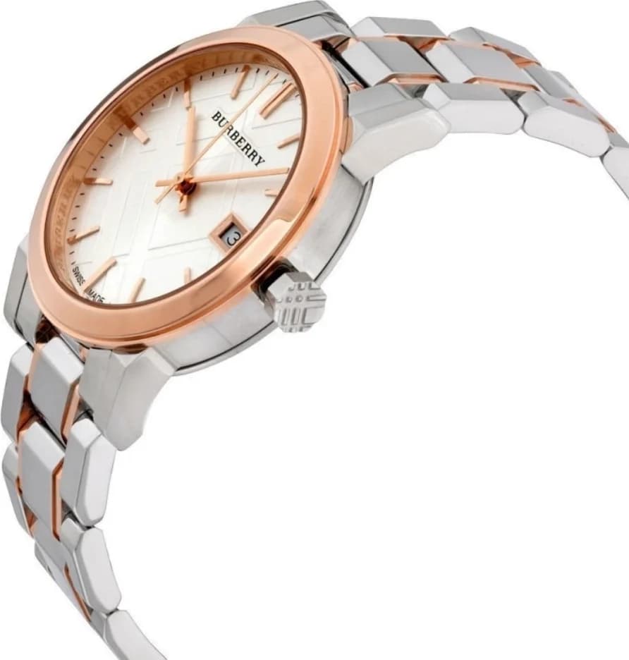 Bracelet Burberry BU9105 en acier bicolore argent et rose gold, fermoir déployante signé