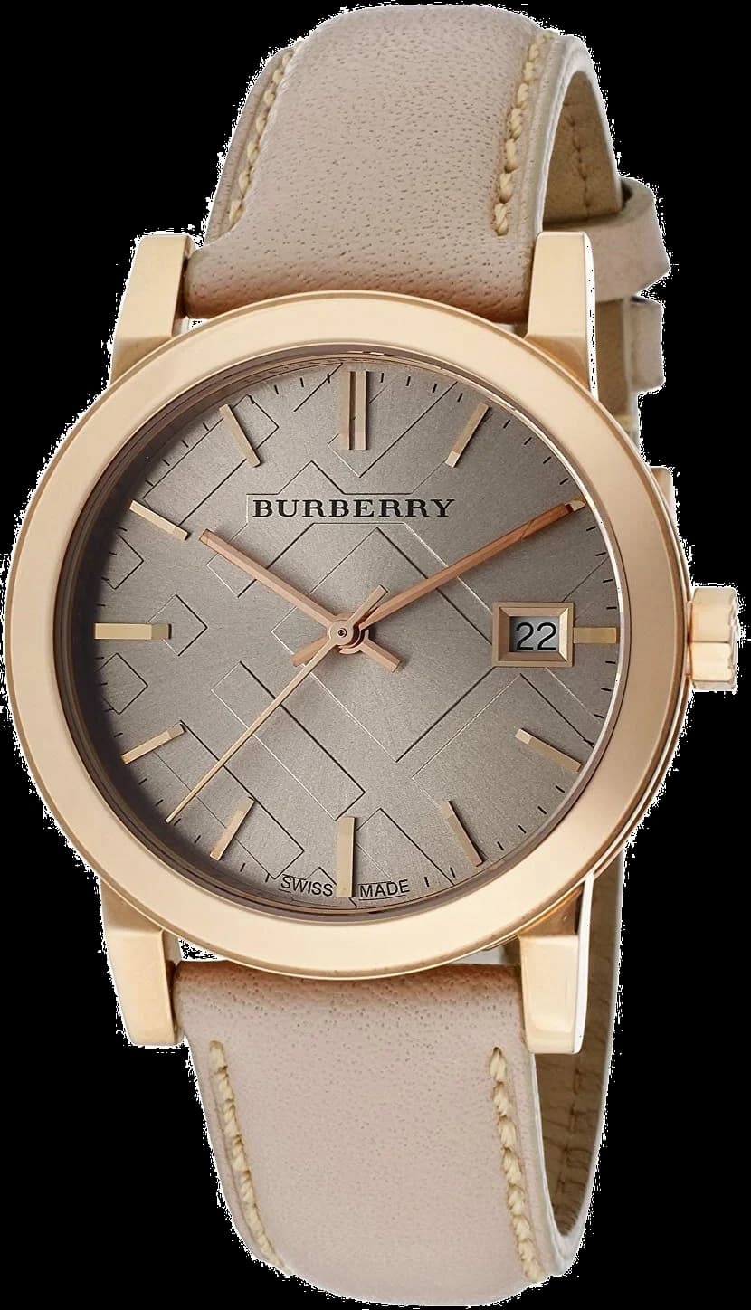 Montre Burberry BU9109 avec cadran beige et motif tartan emblématique, aiguilles dorées et index bâton