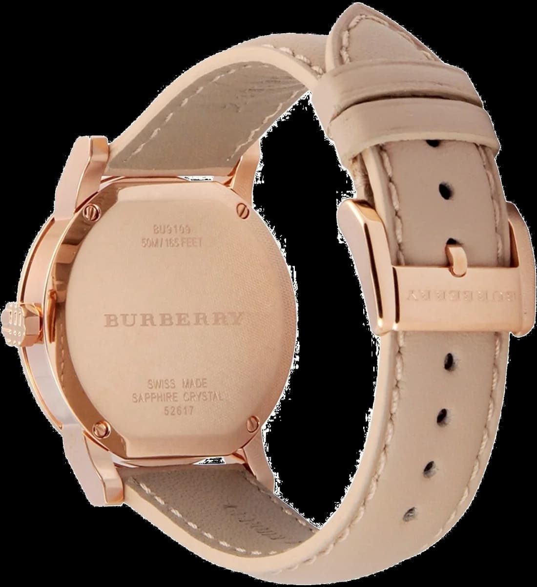 Boîtier Burberry BU9109 en acier poli, lunette lisse, profil fin et élégant, verre saphir
