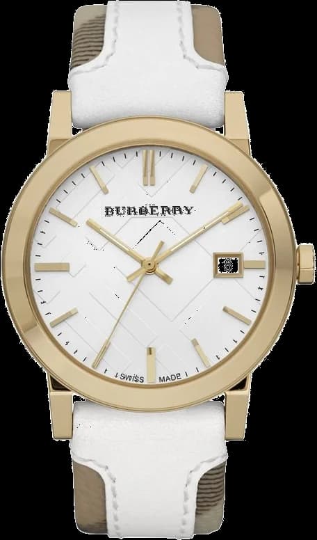 Montre Burberry BU9110 au cadran blanc nacré avec index dorés et aiguilles bicolores, style élégant