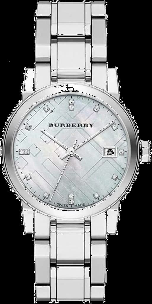 Montre Burberry BU9125 au cadran nacré et diamants, boîtier acier, style chic et raffiné