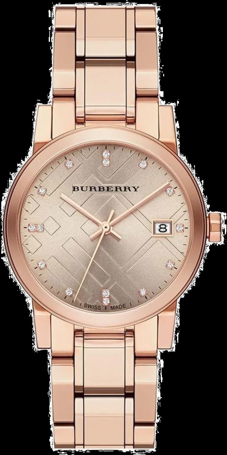 Montre Burberry BU9126 au cadran blanc nacré avec index dorés et cristaux, style élégant et raffiné
