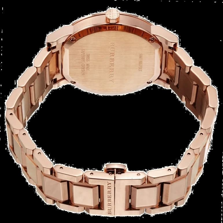 Bracelet Burberry BU9126 en acier rose gold bicolore, maillons polis et satinés, fermoir déployant sécurisé