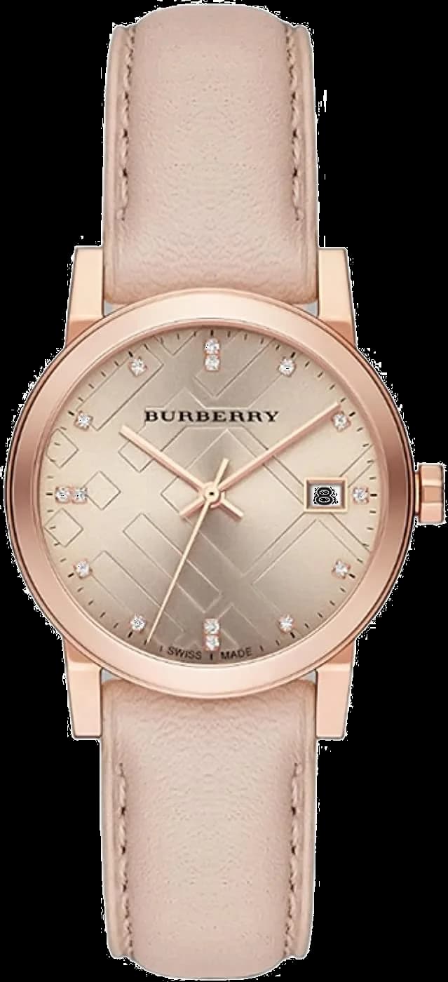 Montre Burberry BU9131 au cadran argenté brossé, aiguilles dorées et index bâtons, style chic intemporel