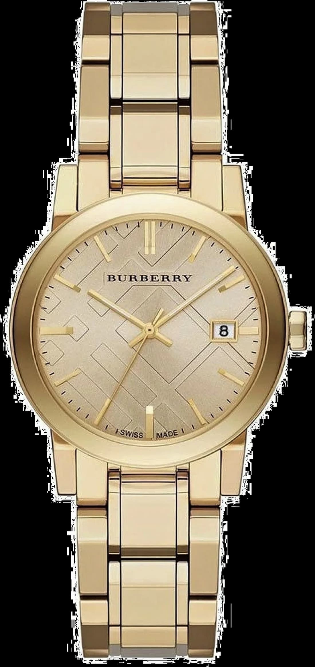 Montre Burberry BU9134 au cadran blanc nacré avec index dorés et aiguilles en acier doré, élégance intemporelle
