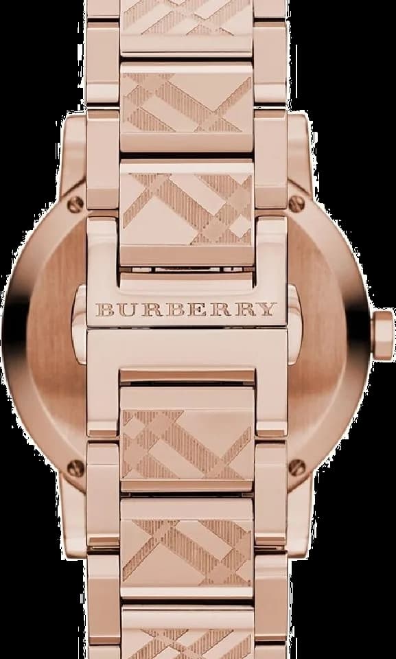 Cadran Burberry BU9146 avec index dorés et aiguilles fines, date à 3h, mouvement suisse automatique