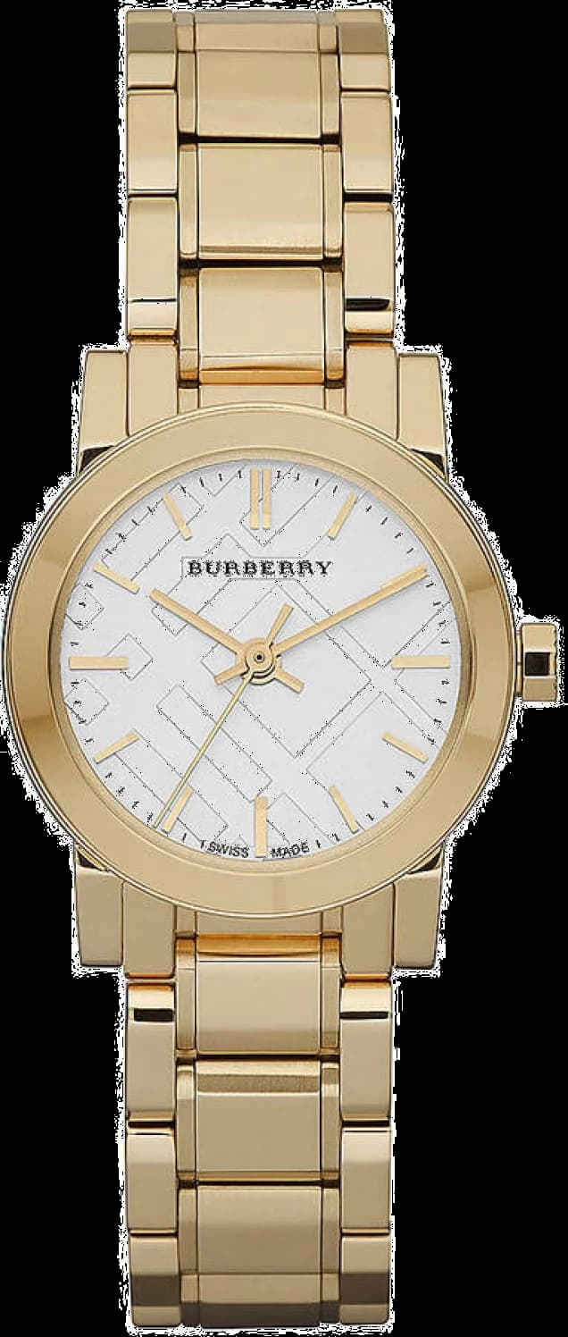 Montre Burberry BU9203 au cadran blanc nacré avec index dorés et aiguilles bâton, style élégant et intemporel