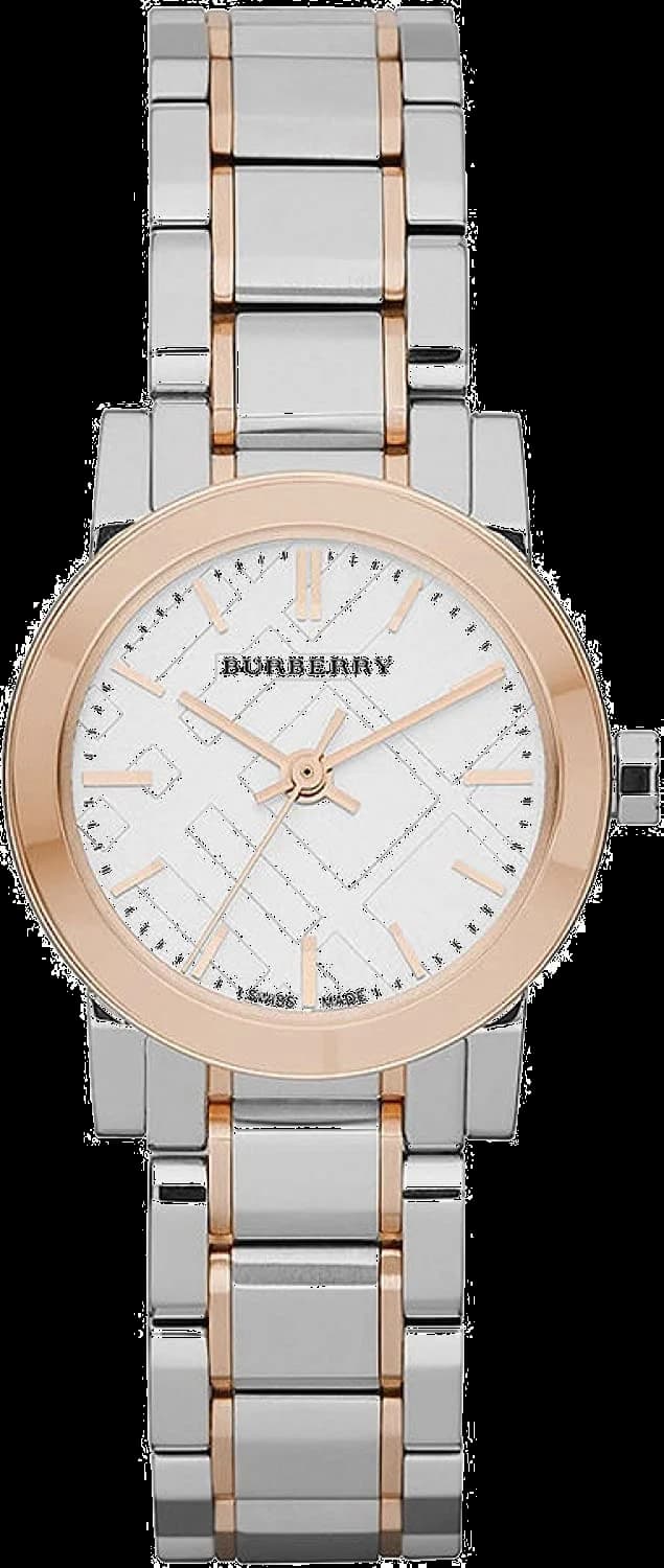 Montre Burberry BU9205 au cadran argenté guilloché, aiguilles bicolores et index dorés sur fond argenté