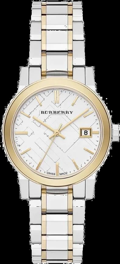Montre Burberry BU9217 avec cadran blanc lumineux et bracelet acier-or style City chic Swiss Made