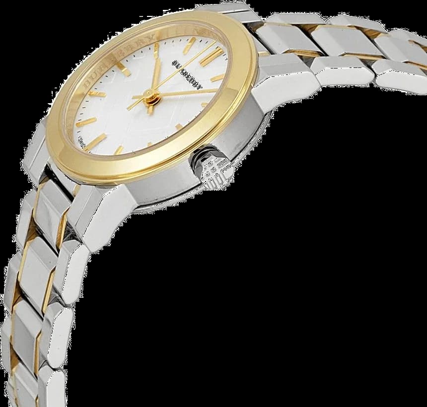 Boîtier Burberry BU9217 en acier et or, lunette lisse et fond solide, vue de profil fine et sophistiquée