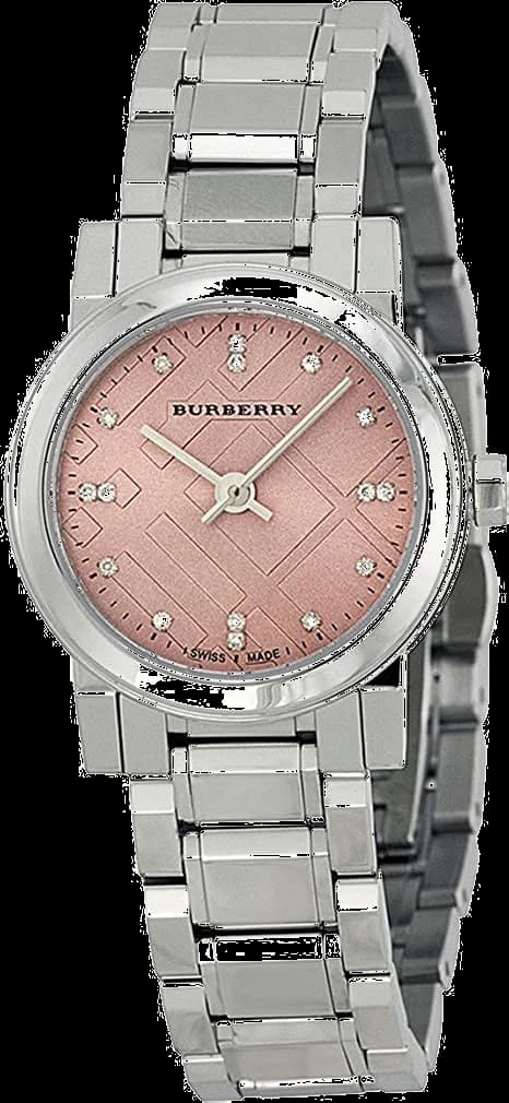Montre Burberry BU9223 au cadran rose avec index diamants et aiguilles dorées, élégance britannique
