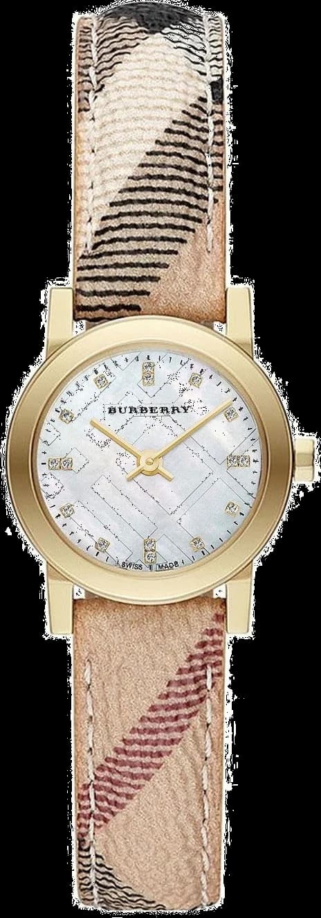Montre Burberry BU9226 avec cadran blanc et index dorés, style classique élégant