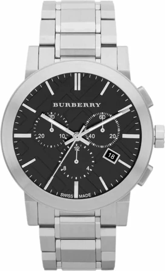 Montre Burberry BU9351 au cadran noir élégant sur fond soleillé, aiguilles argentées et index appliqués pour un style chic et moderne