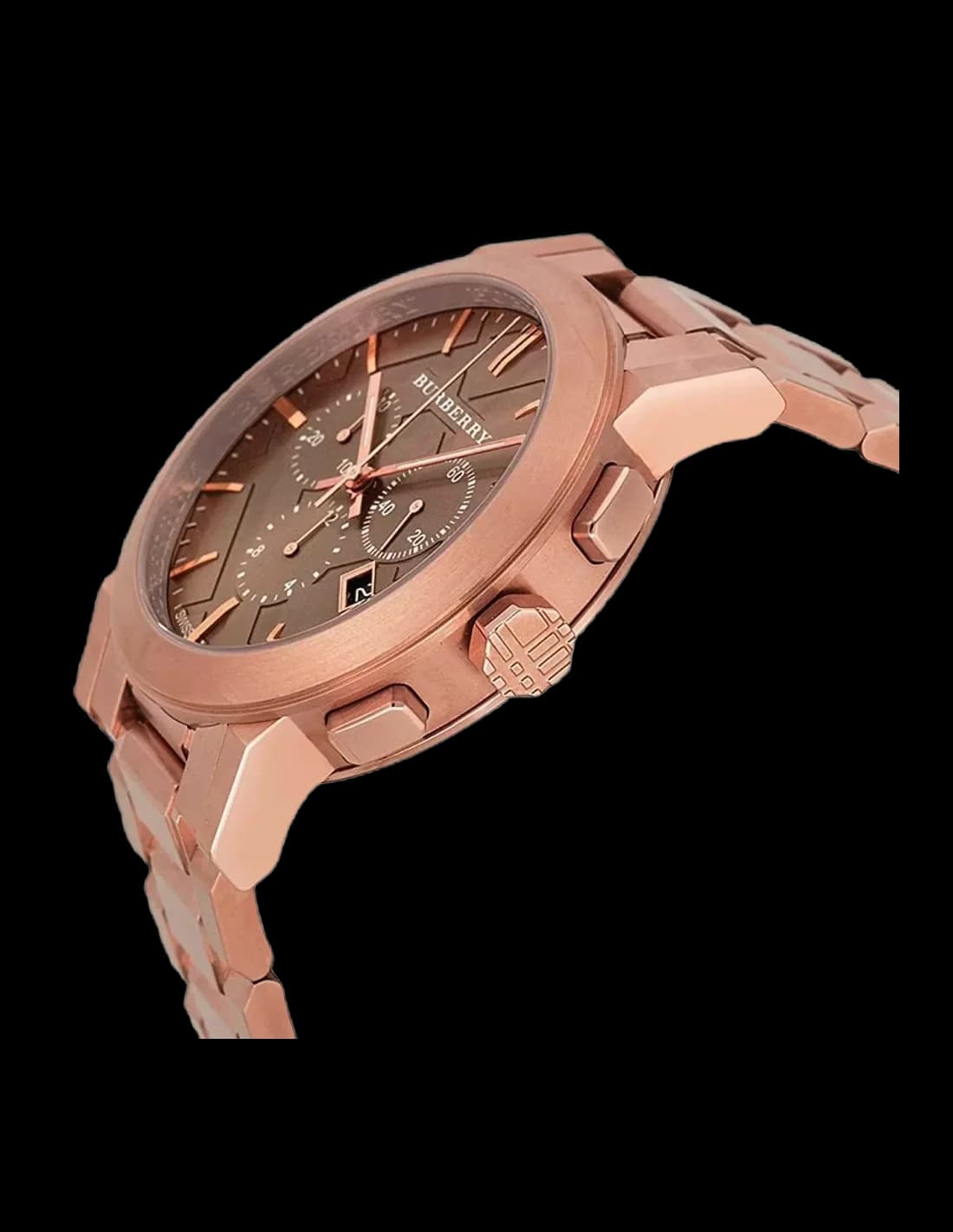 Cadran Burberry BU9353 affichant index appliqués, aiguilles dauphine, compteurs chronographe et date à 4h30